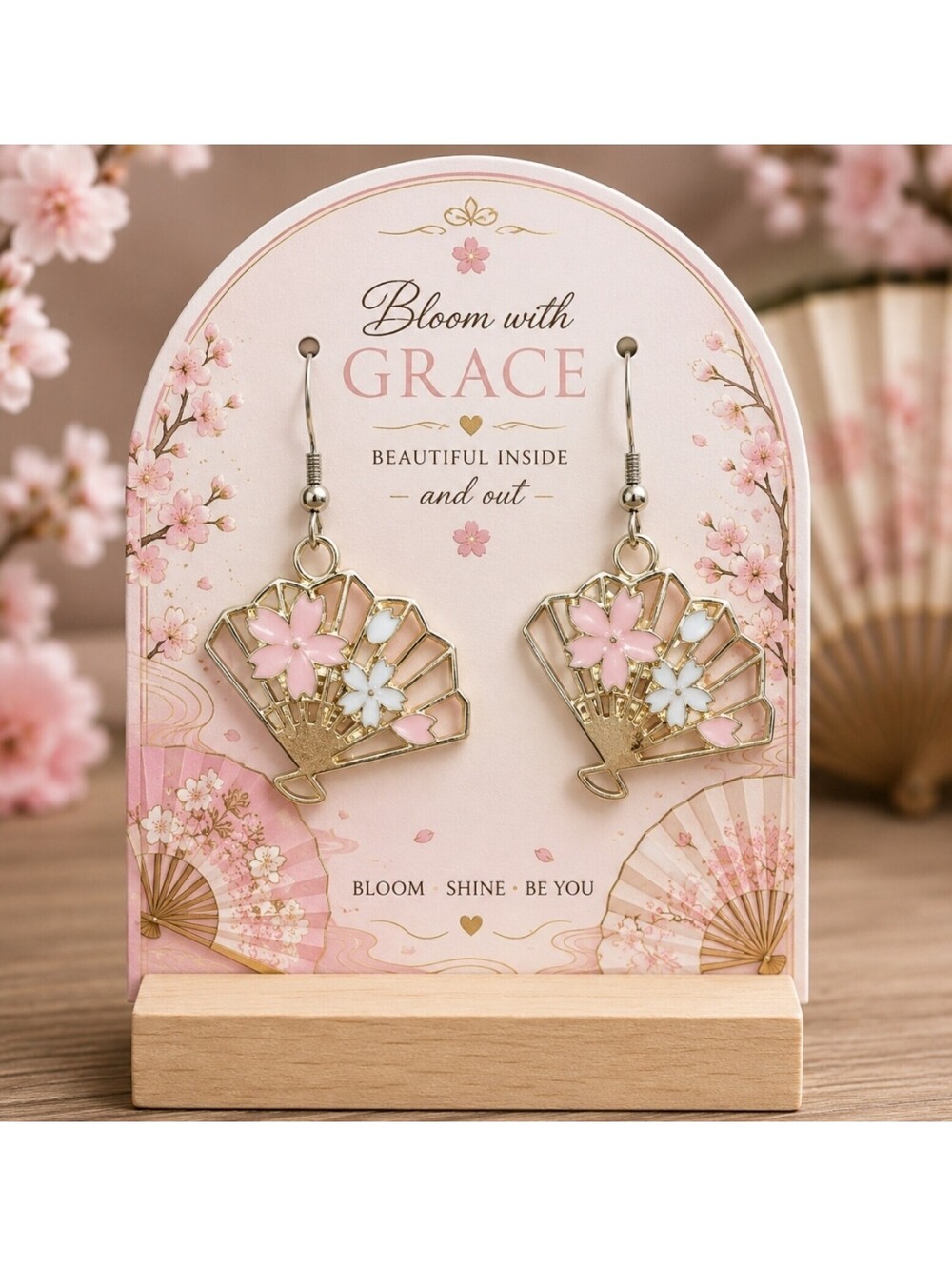 Cherry Blossoms Pink & Gold Floral Bridgerton Hand Fan Hypoallergenic Earrings